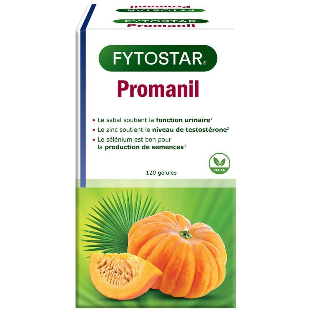 Verpackung von Fytostar Promanil. Weißer Karton mit grünem Logo und Produktnamen. Abbildung einer Kürbis-Illustration.