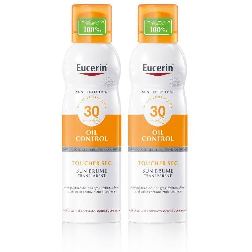 Zwei weiße Sprühflaschen mit orangefarbenen Akzenten. Aufschrift: Eucerin, Sun Protection 30, Oil Control, Touche Sec Sun Brume Transparent.