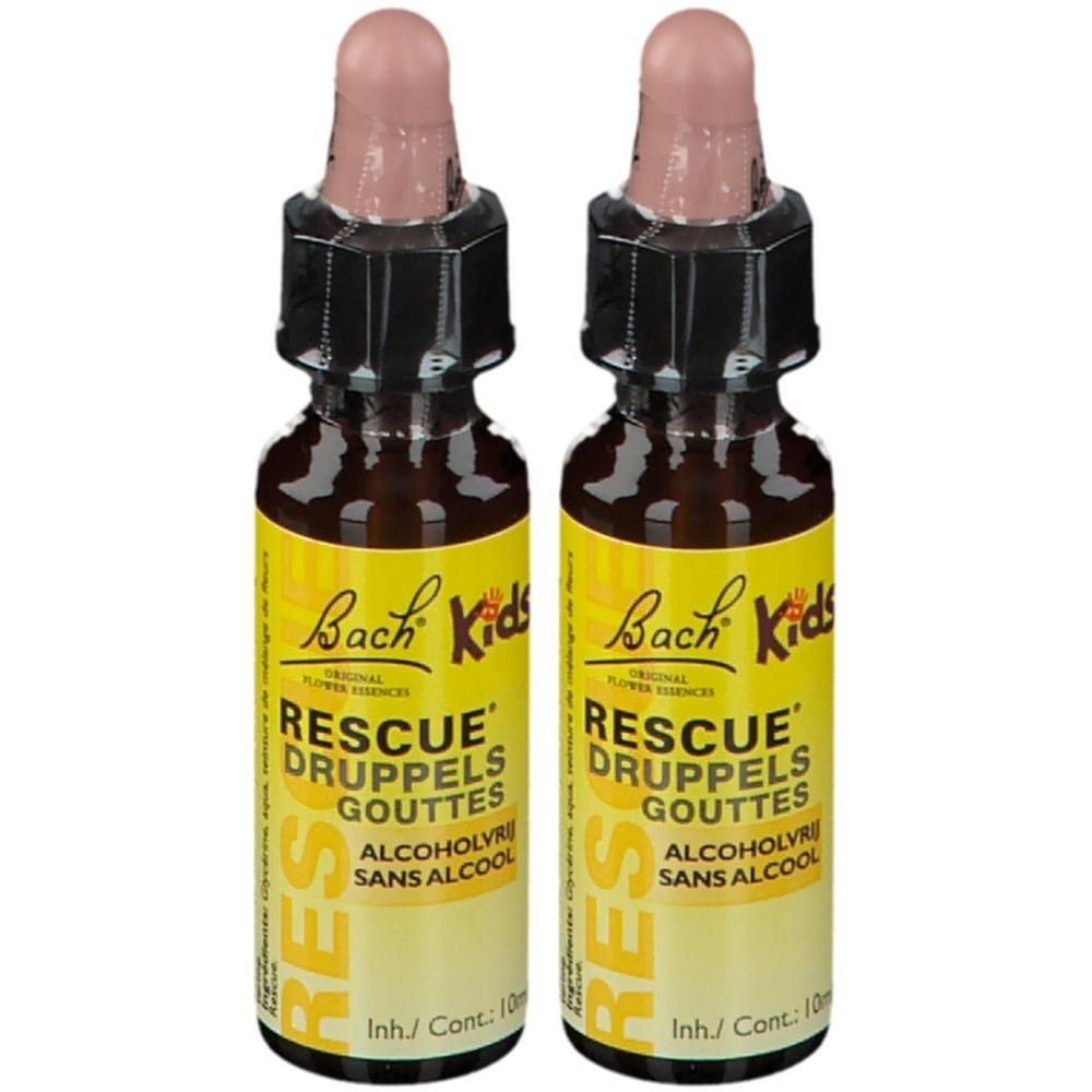 Zwei Fläschchen Bach RESCUE Kids Tropfen. Braune Glasflaschen mit Pipette. Gelbes Etikett mit Text.
