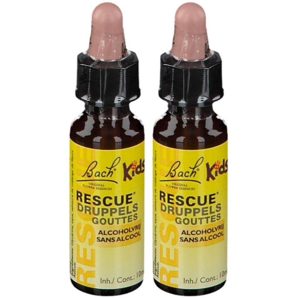 Deux flacons de gouttes Bach RESCUE Kids. Flacons en verre brun avec pipette. Étiquette jaune avec texte.