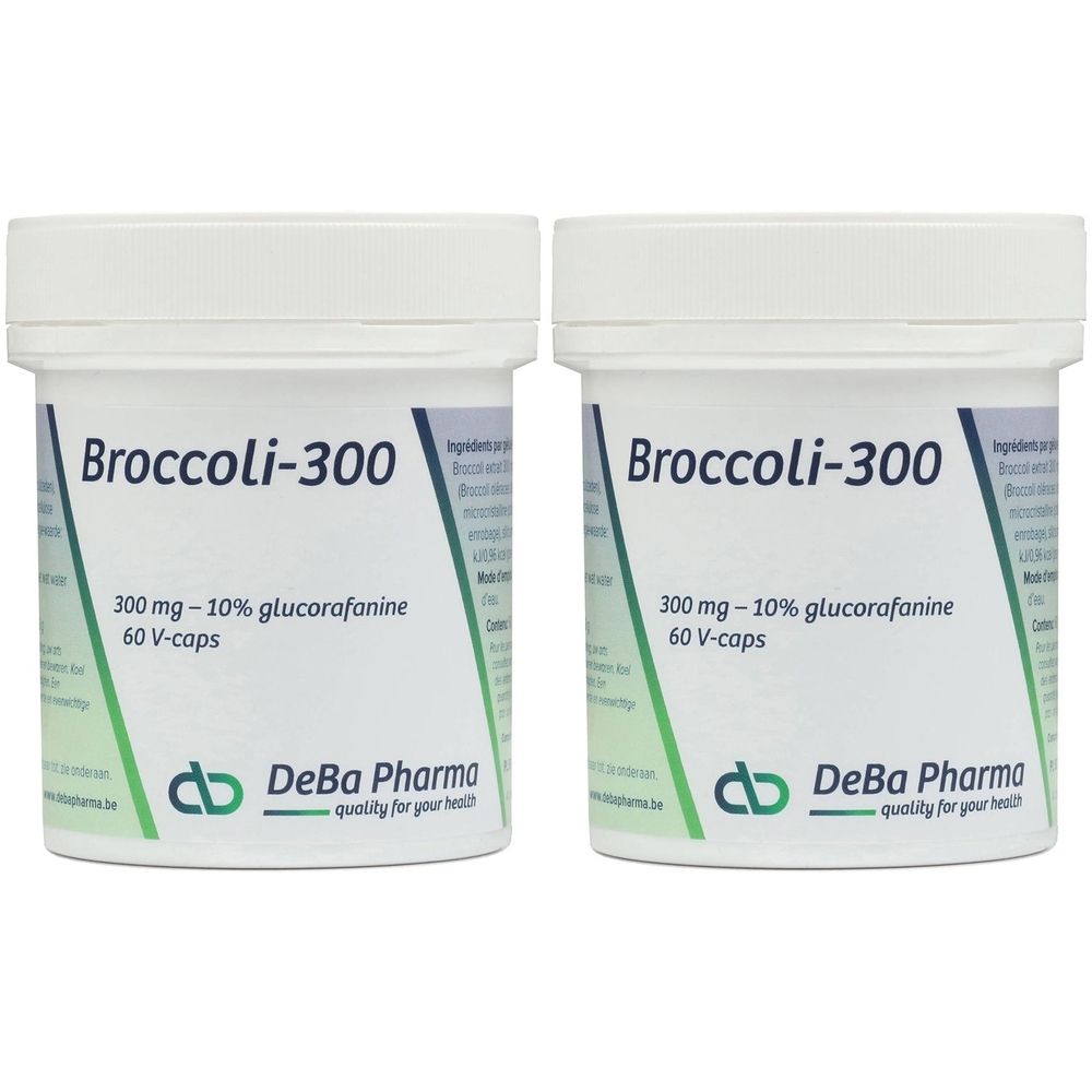 Deux boîtes blanches avec l'inscription Broccoli-300. Contient 300 mg - 10% glucoraphanine, 60 V-caps. Logo DeBa Pharma.