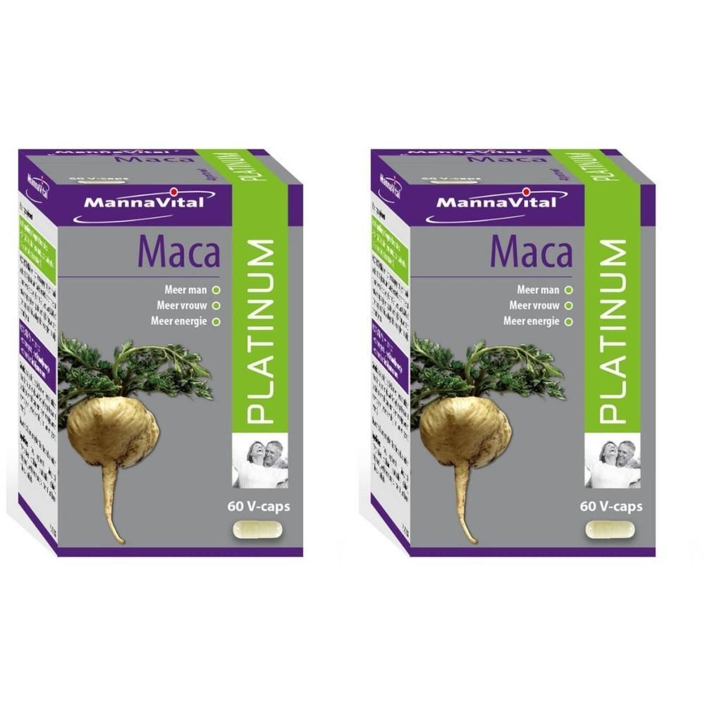 Zwei Schachteln MannaVital Platinum Maca. Aufdruck: Maca, 60 V-caps. Abbildung der Maca-Pflanze.