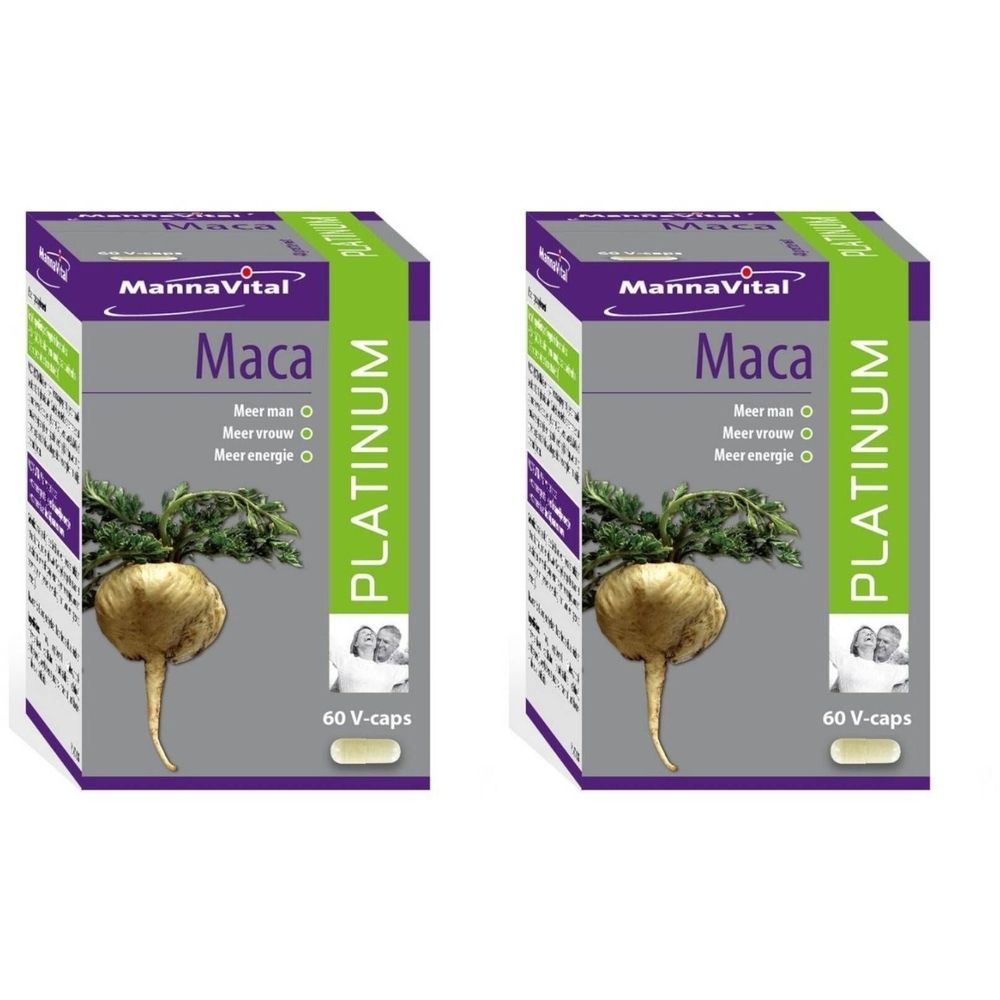 Deux boîtes de MannaVital Platinum Maca. Inscription: Maca, 60 V-caps. Illustration de la plante de maca.
