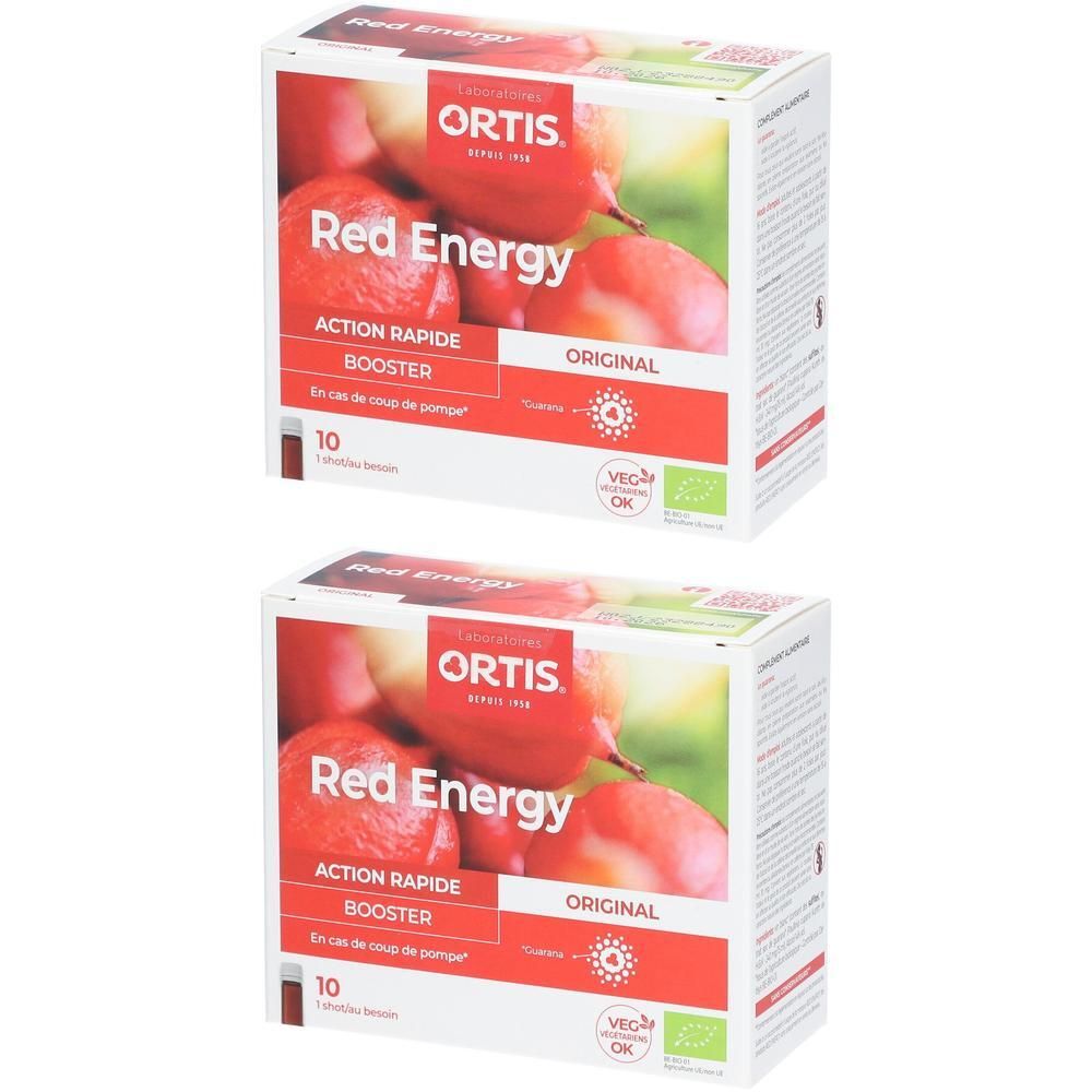 Zwei Kartons Ortis Red Energy BIO. Rote Verpackung mit Produktnamen und Logo. 10 Trinkampullen.
