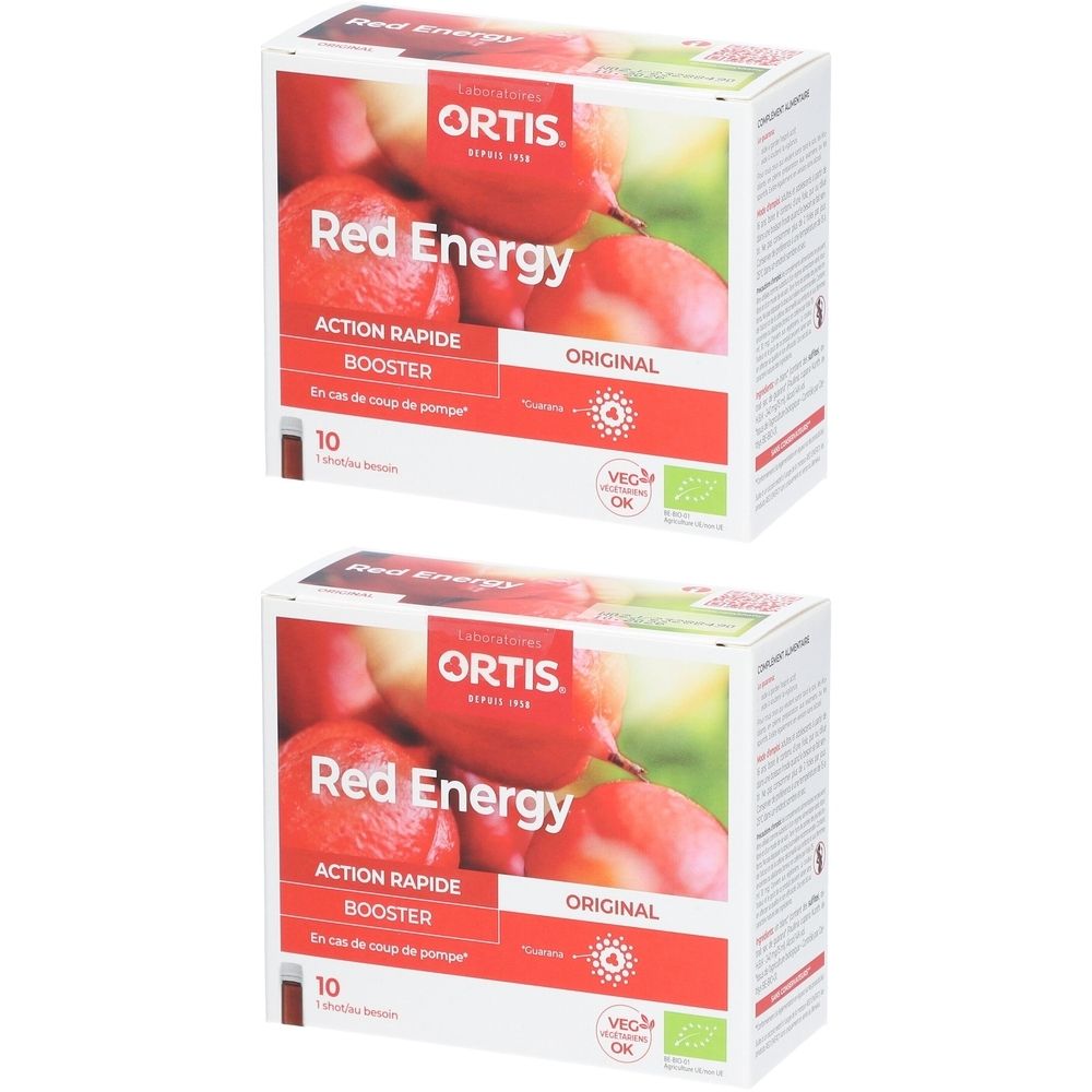 Deux boîtes Ortis Red Energy BIO. Emballage rouge, nom du produit et logo. 10 ampoules buvables.
