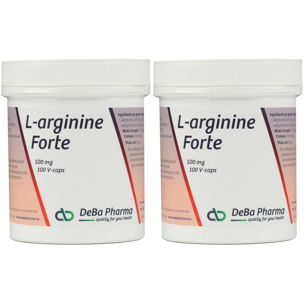 Zwei weiße Behälter mit Deckel. Aufschrift: L-arginine Forte, 500 mg, 100 V-caps. Logo DeBa Pharma.