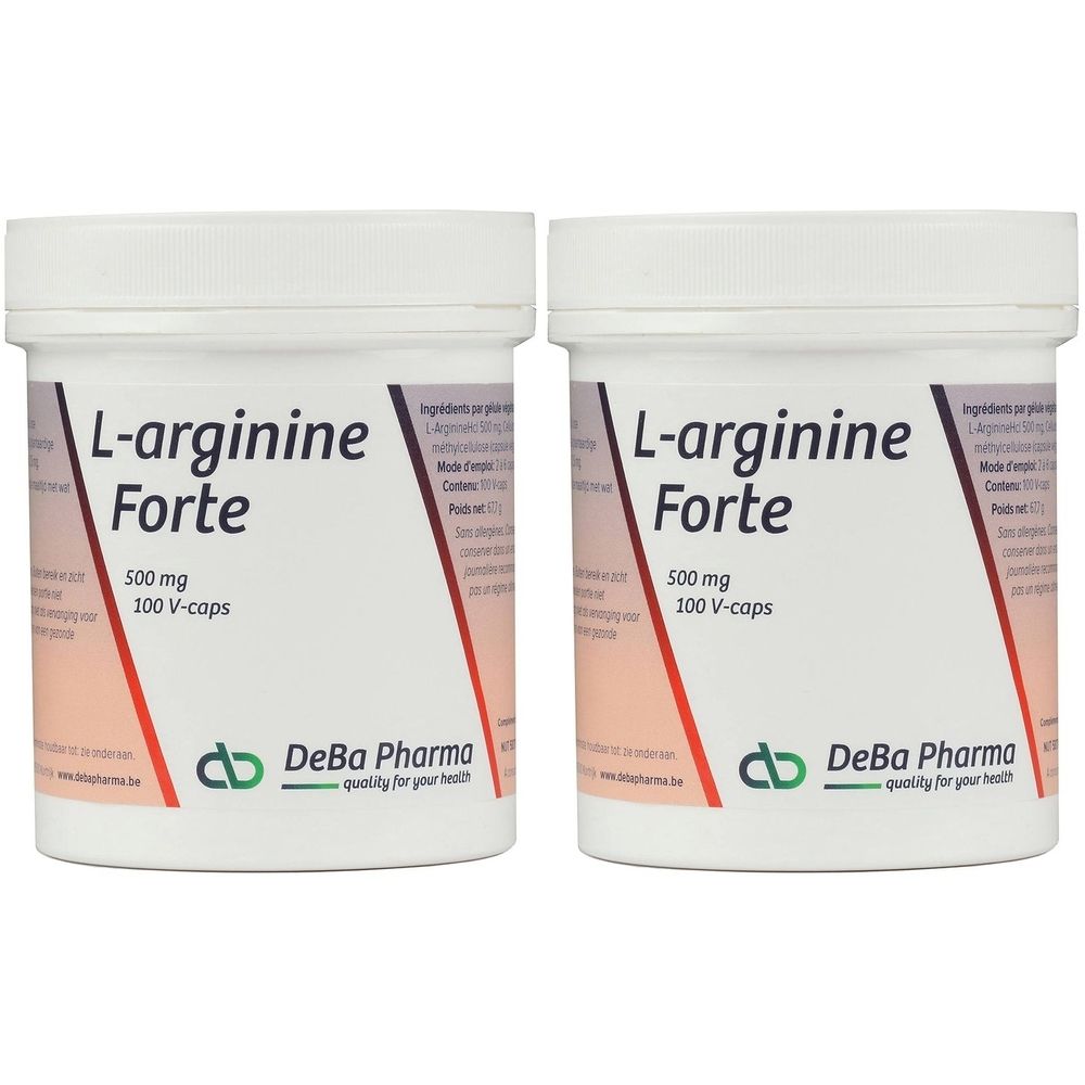 Deux pots blancs avec couvercles. Inscription: L-arginine Forte, 500 mg, 100 V-caps. Logo DeBa Pharma.