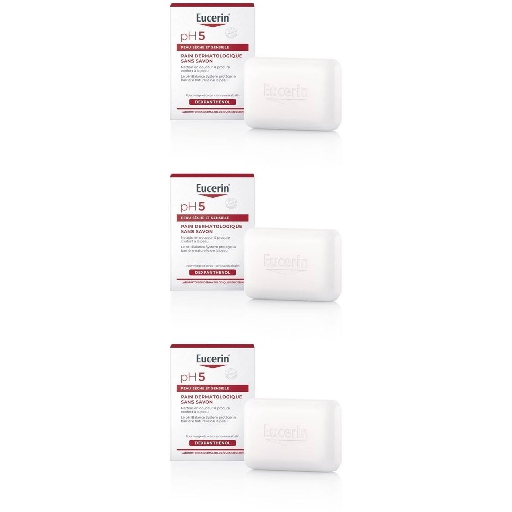 Trois pains lavants Eucerin pH5 et emballages. Pain blanc avec gaufrage. Emballage avec texte rouge.