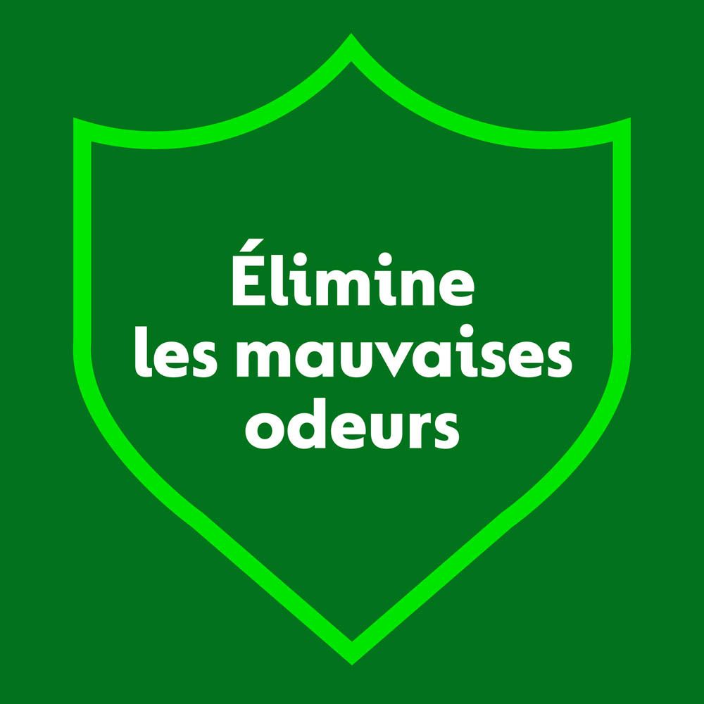 Bouclier vert avec texte blanc : 'Élimine les mauvaises odeurs'.