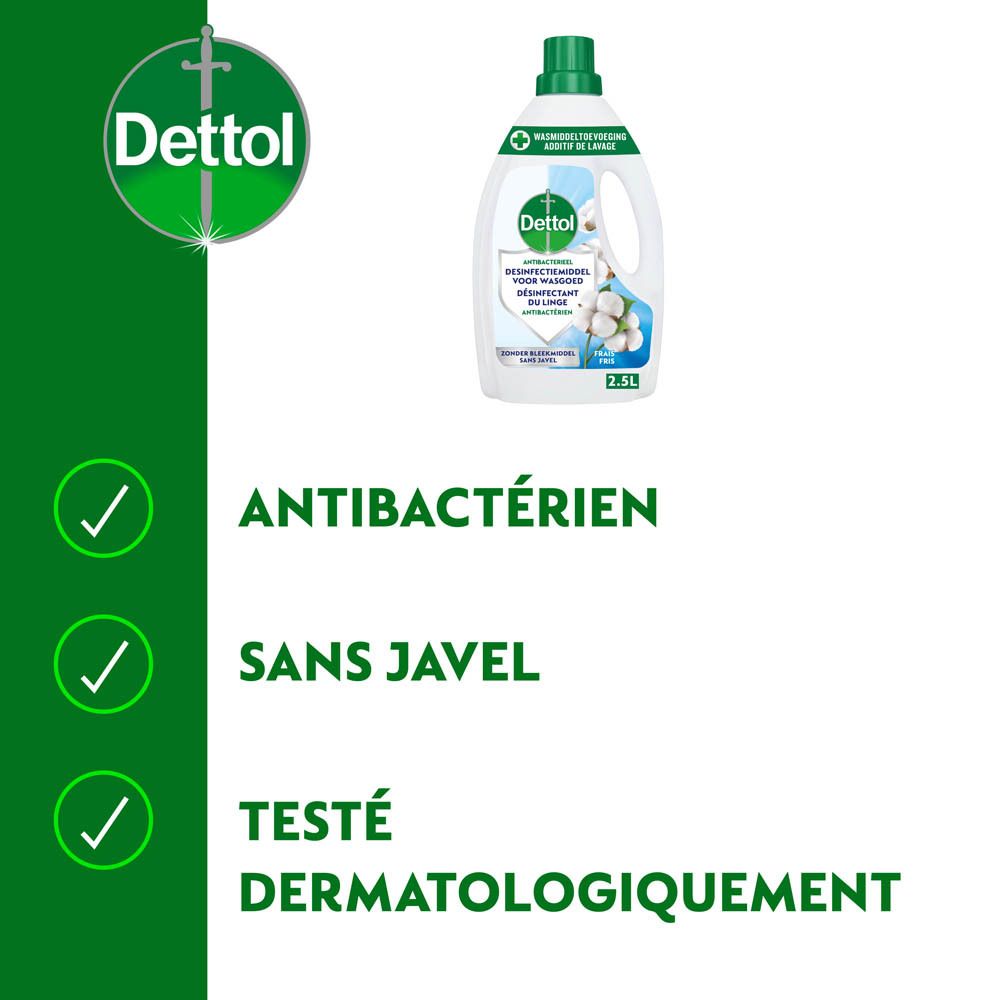 Trois coches vertes à côté des textes 'ANTIBACTÉRIEN', 'SANS JAVEL', 'TESTÉ DERMATOLOGIQUEMENT'.