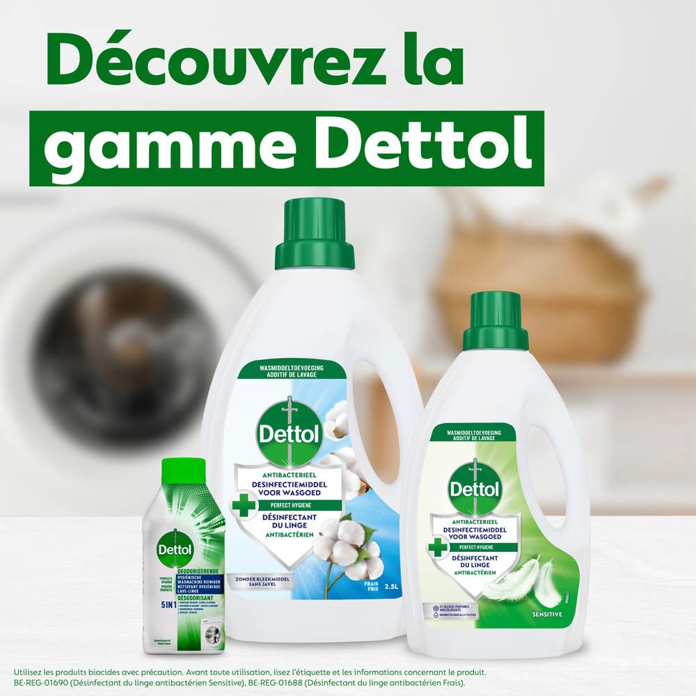 Trois bouteilles Dettol de différentes tailles devant une machine à laver. Texte : 'Découvrez la gamme Dettol'.