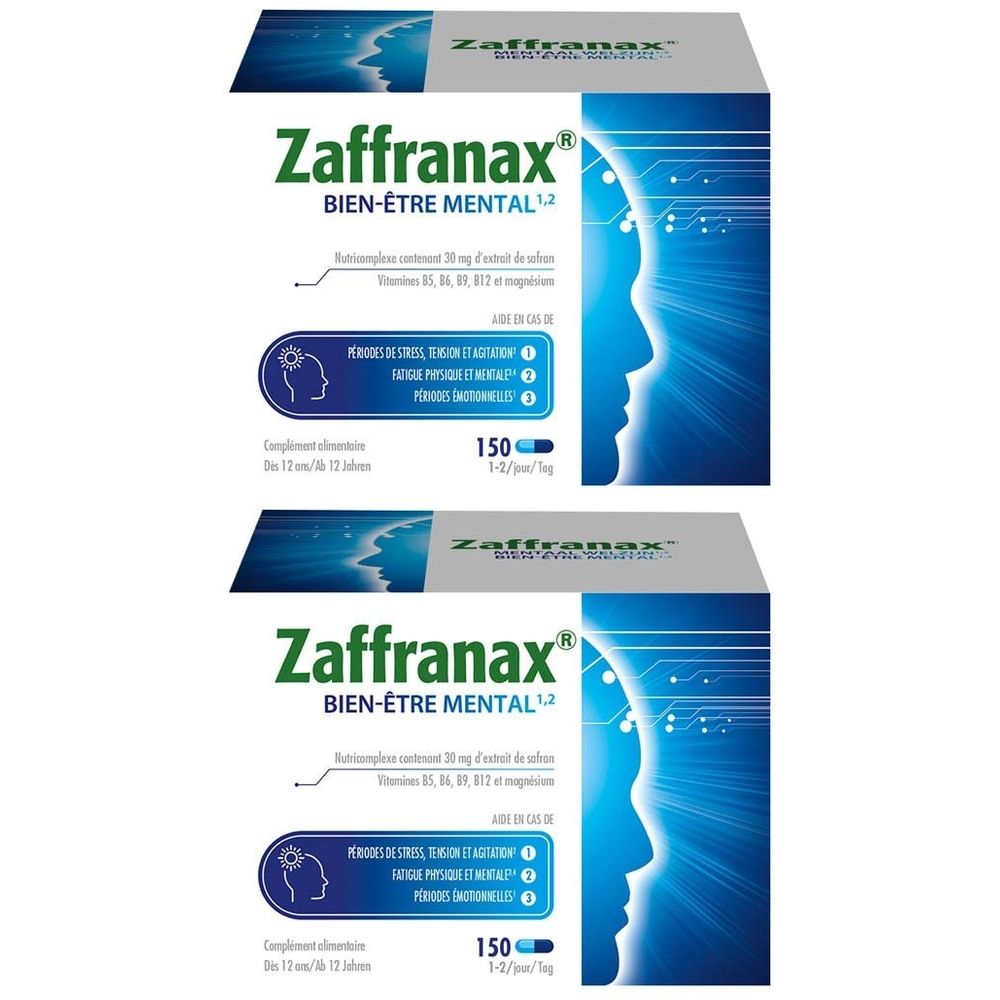 Boîte Zaffranax® Bien-Être Mental. Emballage bleu et blanc avec nom du produit et illustration de profil.