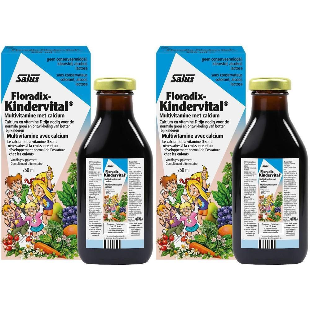 Zwei Flaschen und zwei Kartons Salus® Floradix® Kindervital. Flaschen mit braunem Inhalt, goldener Kappe. Kartons mit Produktnamen und Illustrationen.
