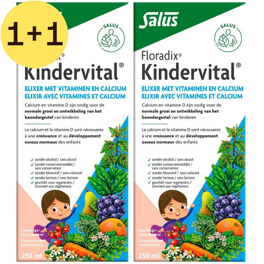 Deux bouteilles et deux boîtes de Salus® Floradix® Kindervital. Bouteilles avec contenu brun, bouchon doré. Boîtes avec nom du produit et illustrations.