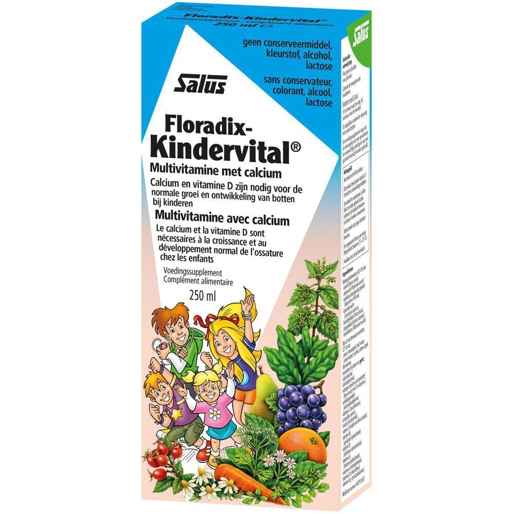 Salus® Floradix® Kindervital-Verpackung. Blaue Schachtel mit Produktnamen, Illustrationen von Kindern und Gemüse. 250 ml.