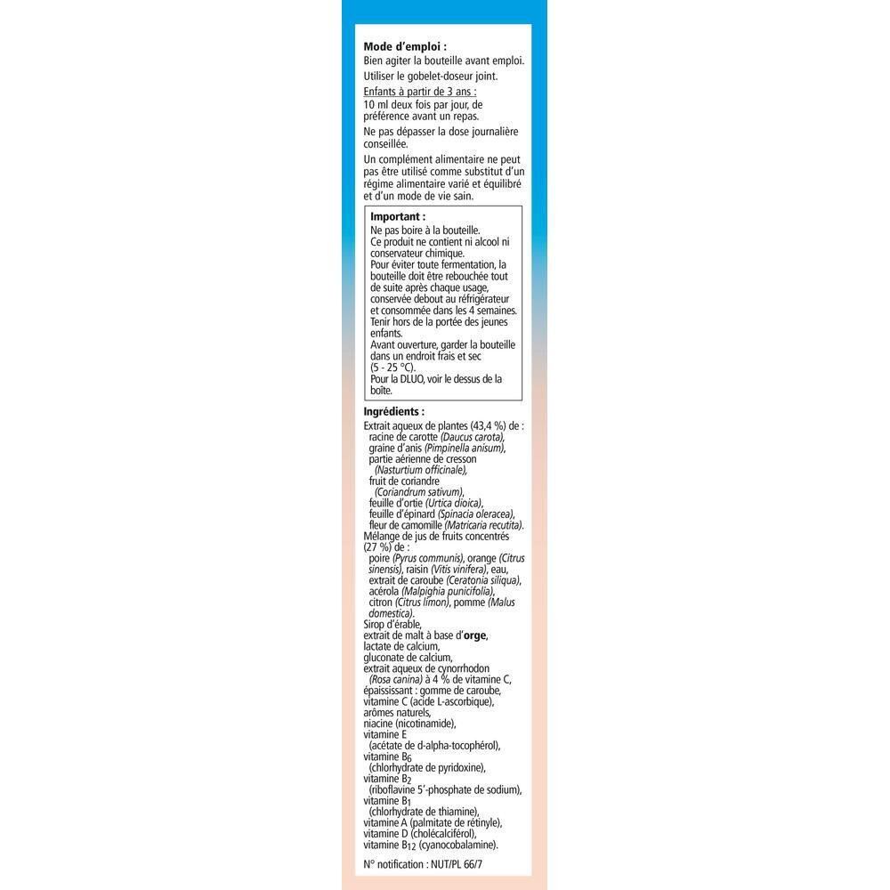 Rückseite der Salus® Floradix® Kindervital-Verpackung. Text in französischer Sprache, Zutatenliste, Gebrauchsanweisung und wichtige Hinweise.