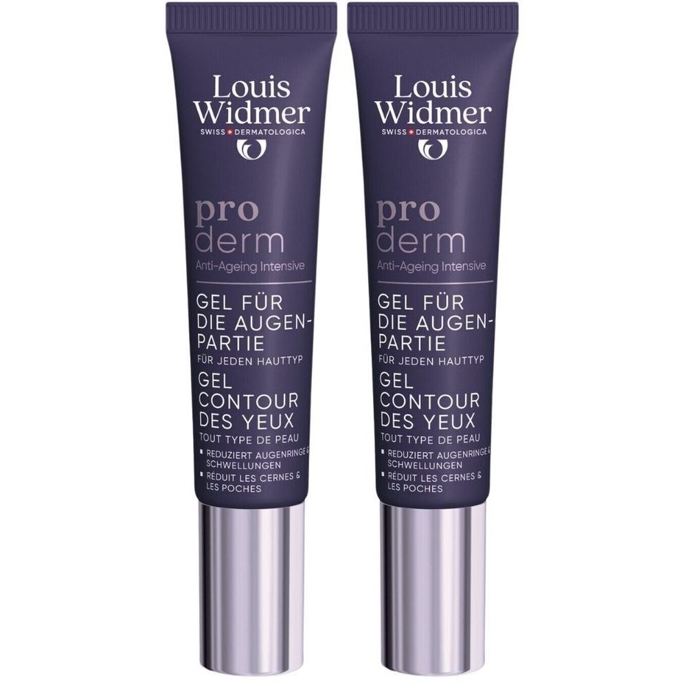 Deux tubes de Proderm Gel Contour des Yeux. Tubes violets foncés avec bouchons argentés. Texte: Louis Widmer, Gel pour le contour des yeux, Anti-Âge Intensif.