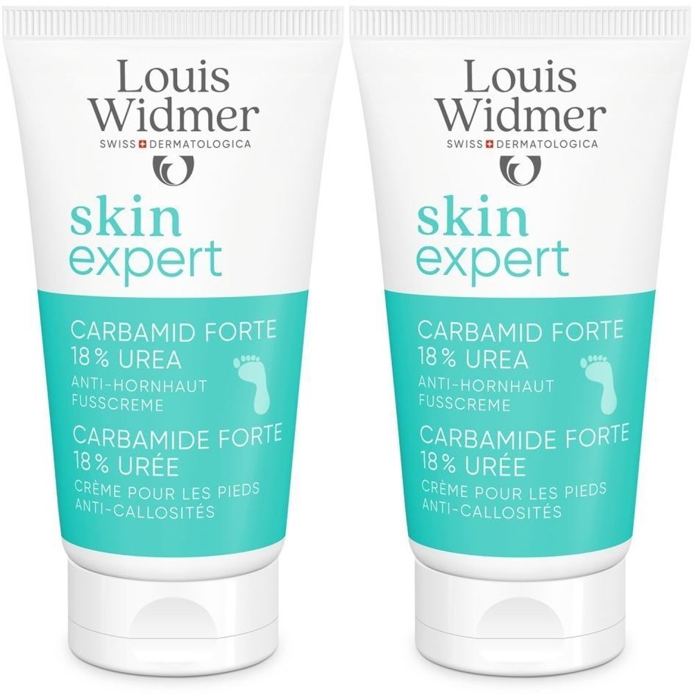 Zwei Tuben LOUIS WIDMER Skin Expert Carbamide Forte 18% Urée. Weiße Tuben mit türkisfarbenem Text und Fußsymbol.