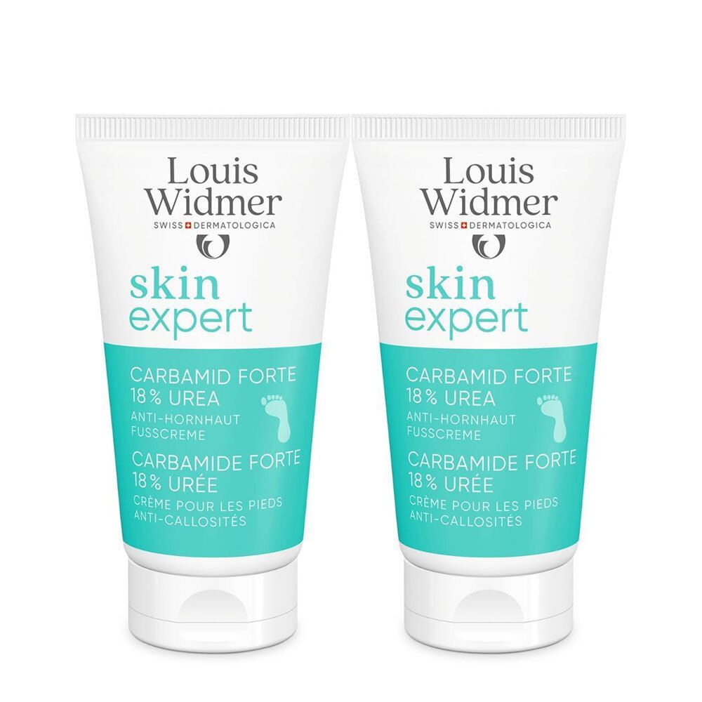 Deux tubes de LOUIS WIDMER Skin Expert Carbamide Forte 18% Urée. Tubes blancs avec texte turquoise et symbole de pied.