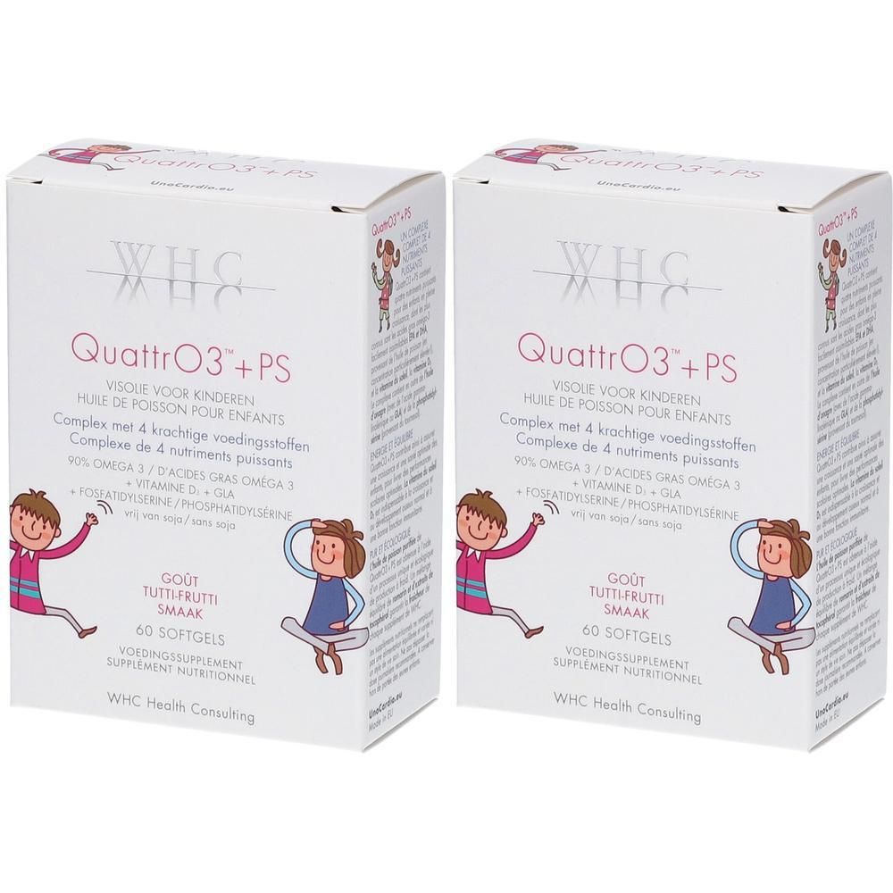 Zwei weiße Kartons mit Produktaufdruck. Aufschrift: QuattrO3+PS, 60 Softgels. Enthält Omega 3, Vitamin D und DHA. Mit Kinderzeichnung.