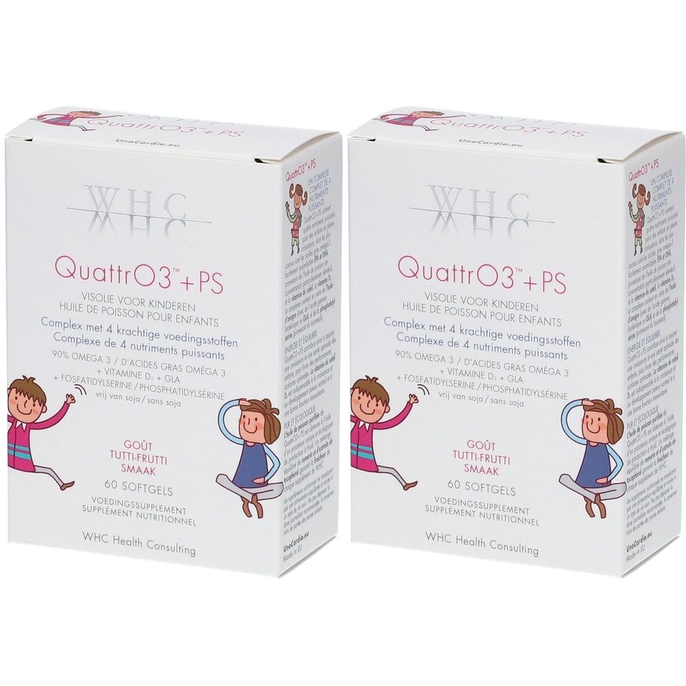Deux boîtes blanches avec impression du produit. Inscription : QuattrO3+PS, 60 gélules. Contient Oméga 3, vitamine D et DHA. Avec dessin enfant.