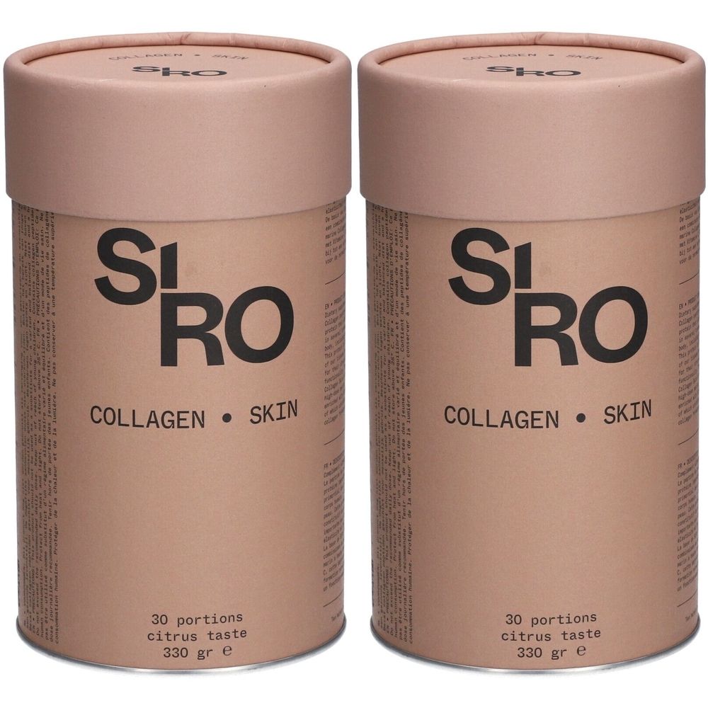 Zwei zylindrische Behälter mit der Aufschrift "SiRo Collagen Skin". Enthält 30 Portionen, Citrus-Geschmack. Rosa Deckel und Behälter.
