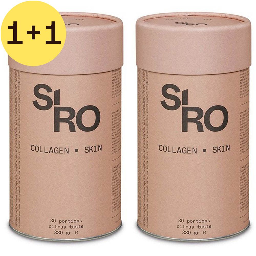 Deux contenants cylindriques "SiRo Collagen Skin". Autocollant 1+1 GRATUIT. 30 portions, goût citrus. Couvercles et contenants roses.