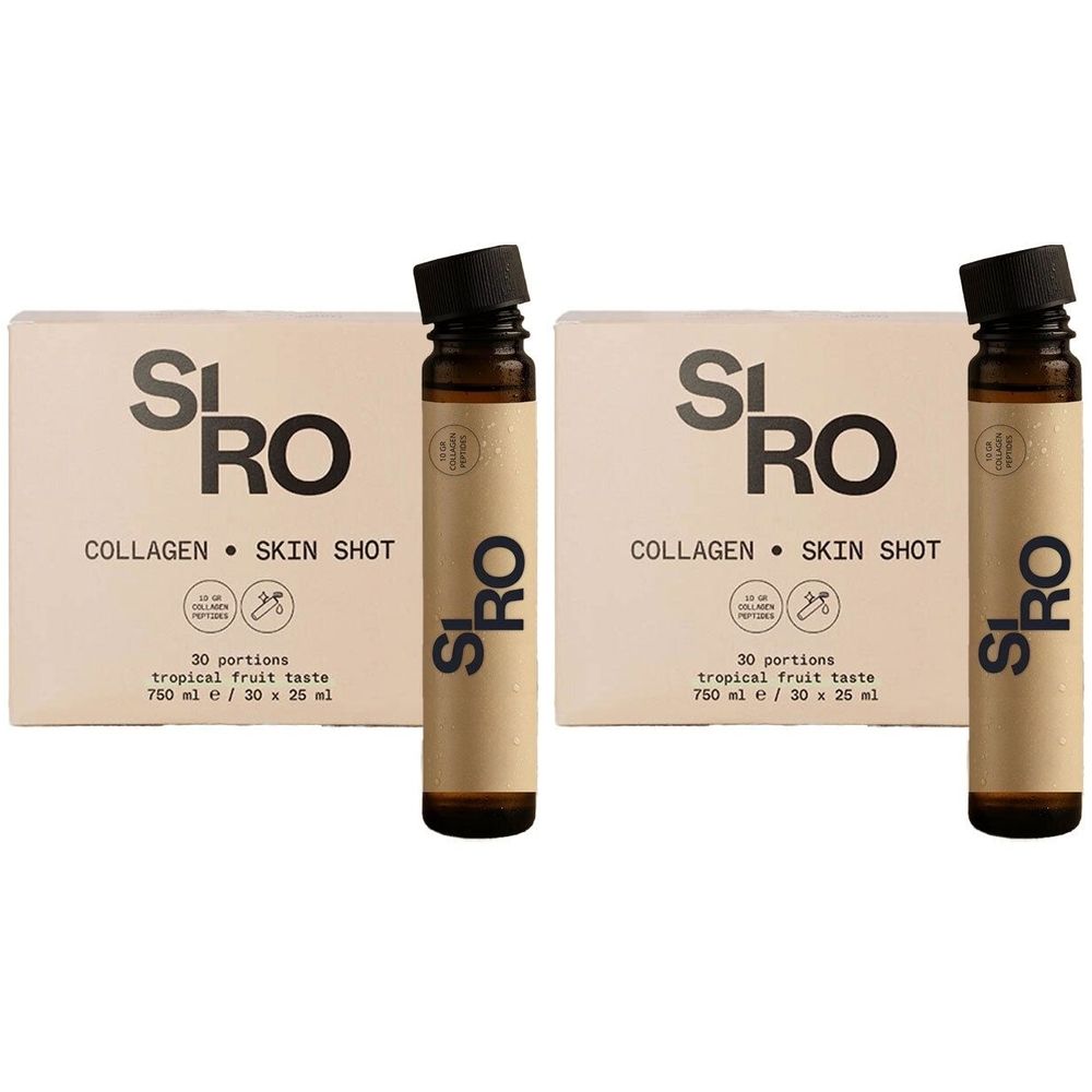Deux flacons SiRo Collagen Skin Shot à côté de deux boîtes. Inscription : Collagen Skin Shot, 30 portions.