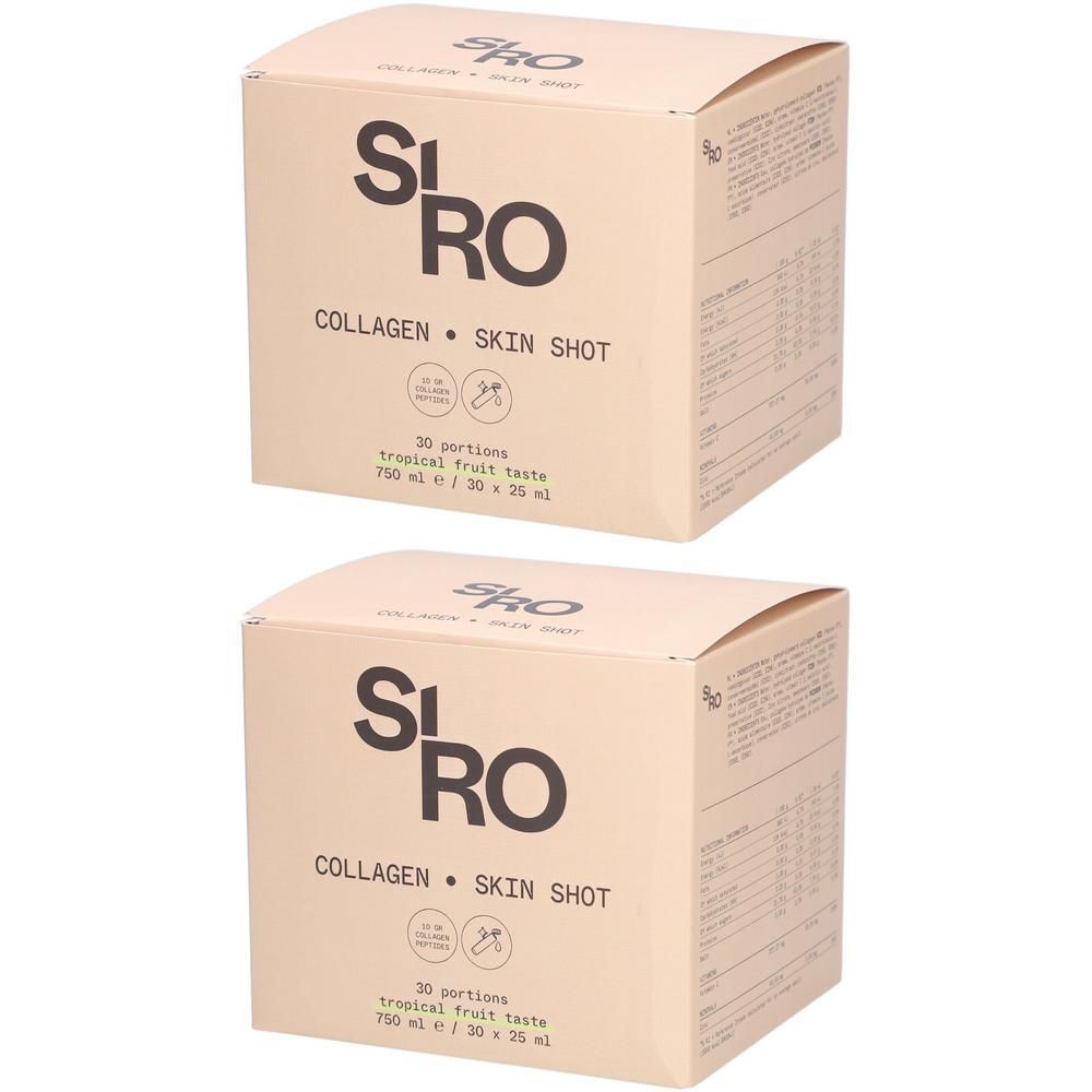 Deux boîtes SiRo Collagen Skin Shot. Inscription : Collagen Skin Shot, 30 portions, goût fruits tropicaux.