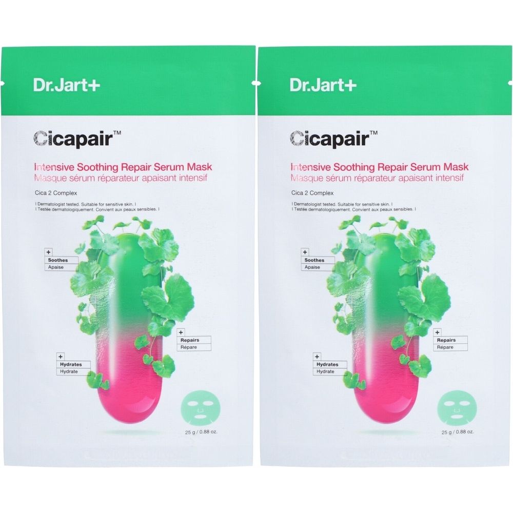 Deux masques faciaux. Emballage vert et rose. Texte: Cicapair, Intensive Soothing Repair Serum Mask, Dr.Jart+ et 1+1 GRATUIT.