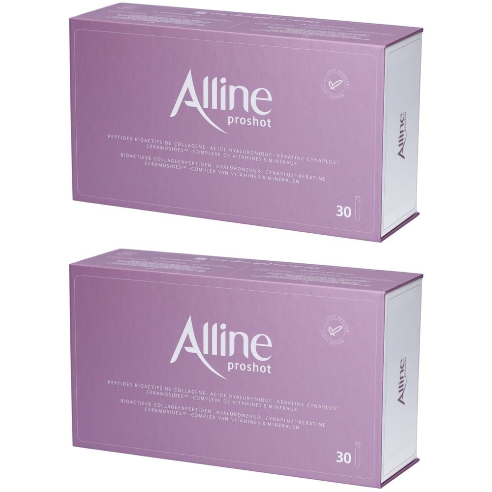 Deux boîtes violettes avec "Alline proshot". Inscriptions avec ingrédients et le nombre 30.