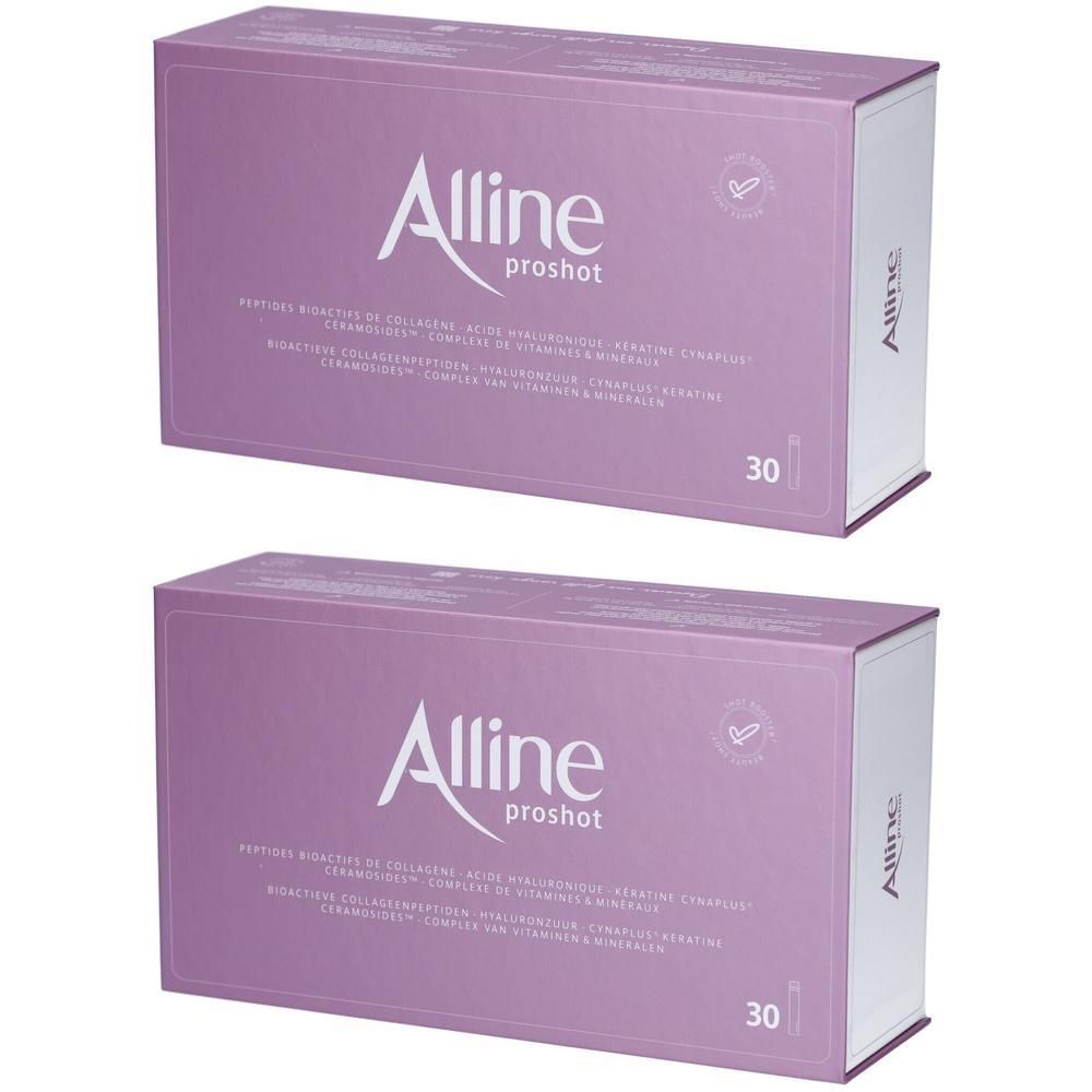 Zwei Packungen Alline Proshot, lila Kartons mit je 30 Dosen.