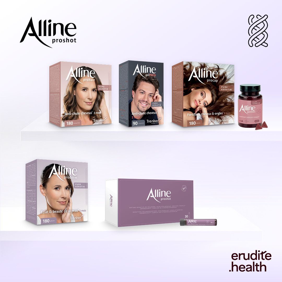 Alline Proshot Haarkur-Verpackung mit Frauen und Männern, sowie Kapselbehälter.