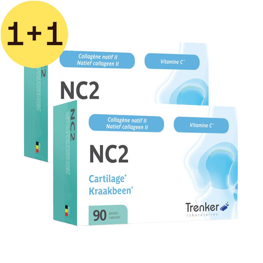 Deux boîtes de NC2 Cartilage. Inscription: Collagène natif II, Vitamine C, 90 gélules. Marque Trenker.