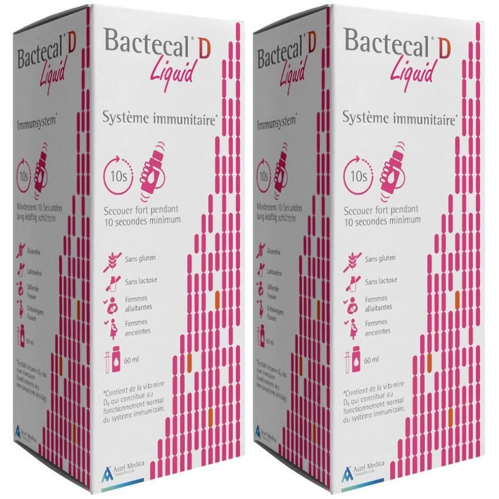 Verpackung von Bactecal® D Flüssig. Weißer Karton mit rosa Akzenten und Produktinformationen. Enthält Symbole und Text.