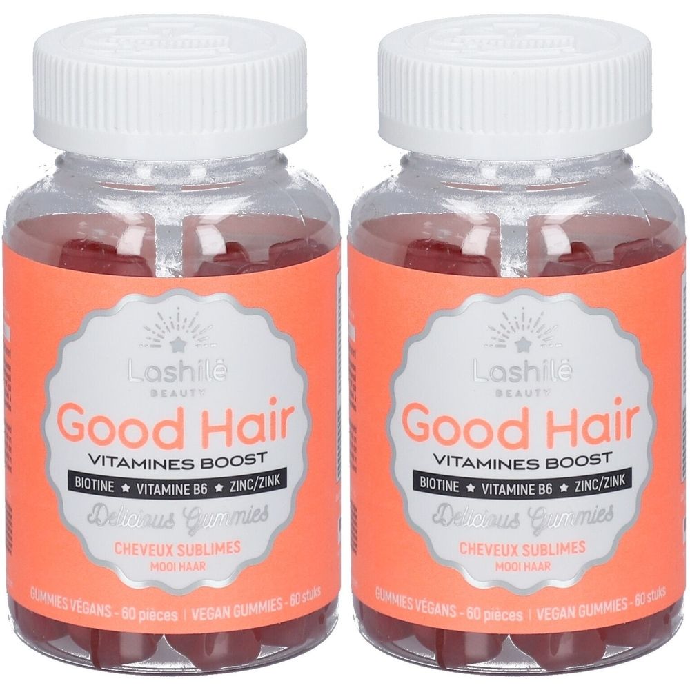 Zwei Flaschen LASHILE Beauty Good Hair Gummies. Klare Flaschen mit roten Gummibärchen. Etikett mit Produktinformationen.