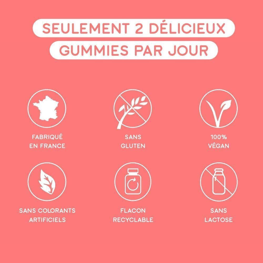 Un flacon de gummies. Inscription : Good Hair, Vitamines Boost. Fond rouge. Texte : Pour des cheveux plus beaux !