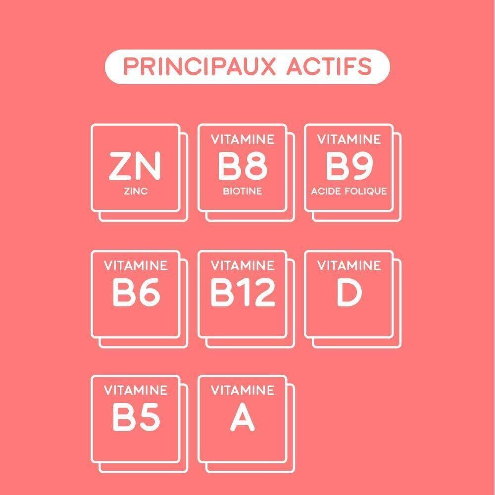 Un flacon de gummies. Inscription : Good Hair, Vitamines Boost. Texte : Des cheveux plus beaux, plus volumineux !