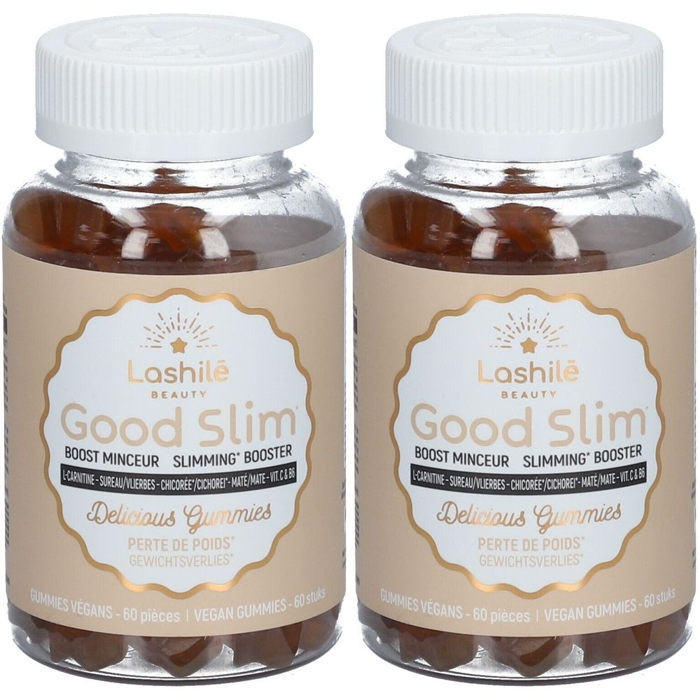 Zwei Glasbehälter mit braunen Gummibärchen. Aufschrift: Lashile Beauty Good Slim, Delicious Gummies, Perte de Poids.
