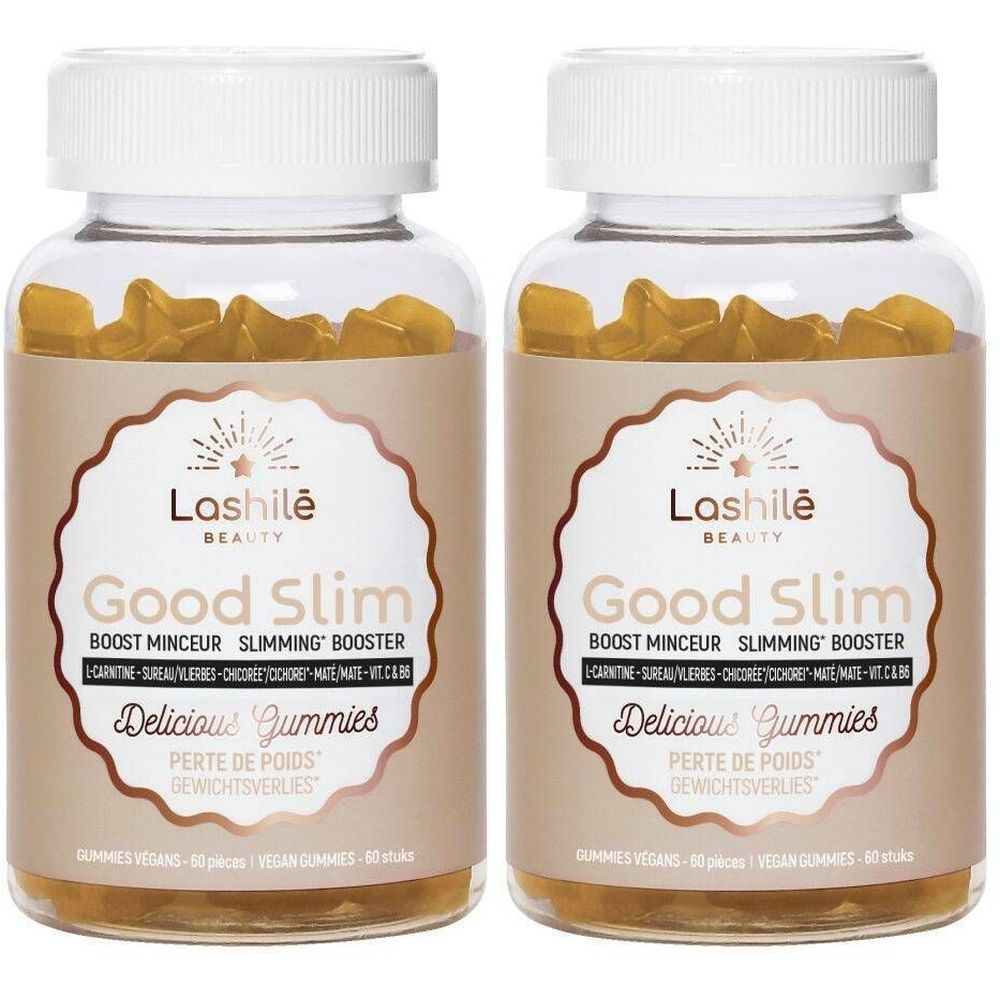 Deux flacons en verre de gummies jaunes. Inscription: Lashile Beauty Good Slim, Delicious Gummies, Perte de Poids. Cercle jaune: 1+1.