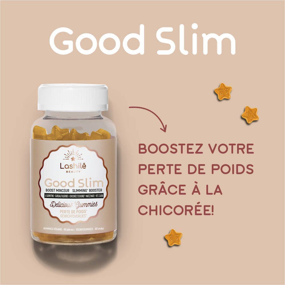 Deux flacons de gummies Lashile Beauty Good Slim. Flacons transparents avec couvercles blancs. Inscription: Good Slim, Delicious Gummies.