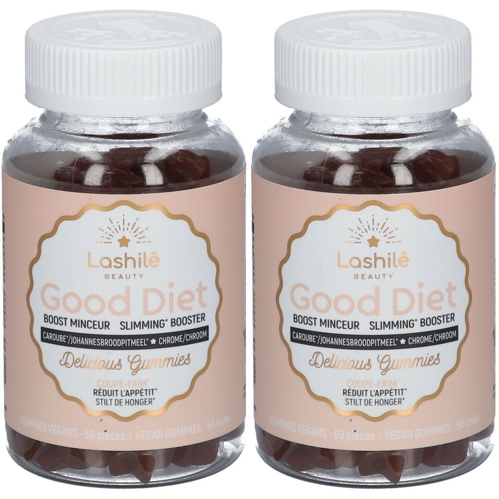 Zwei Glasbehälter mit braunen Gummibärchen. Aufschrift: LASHILE Beauty, Good Diet, Delicious Gummies. Rosa Etikett.