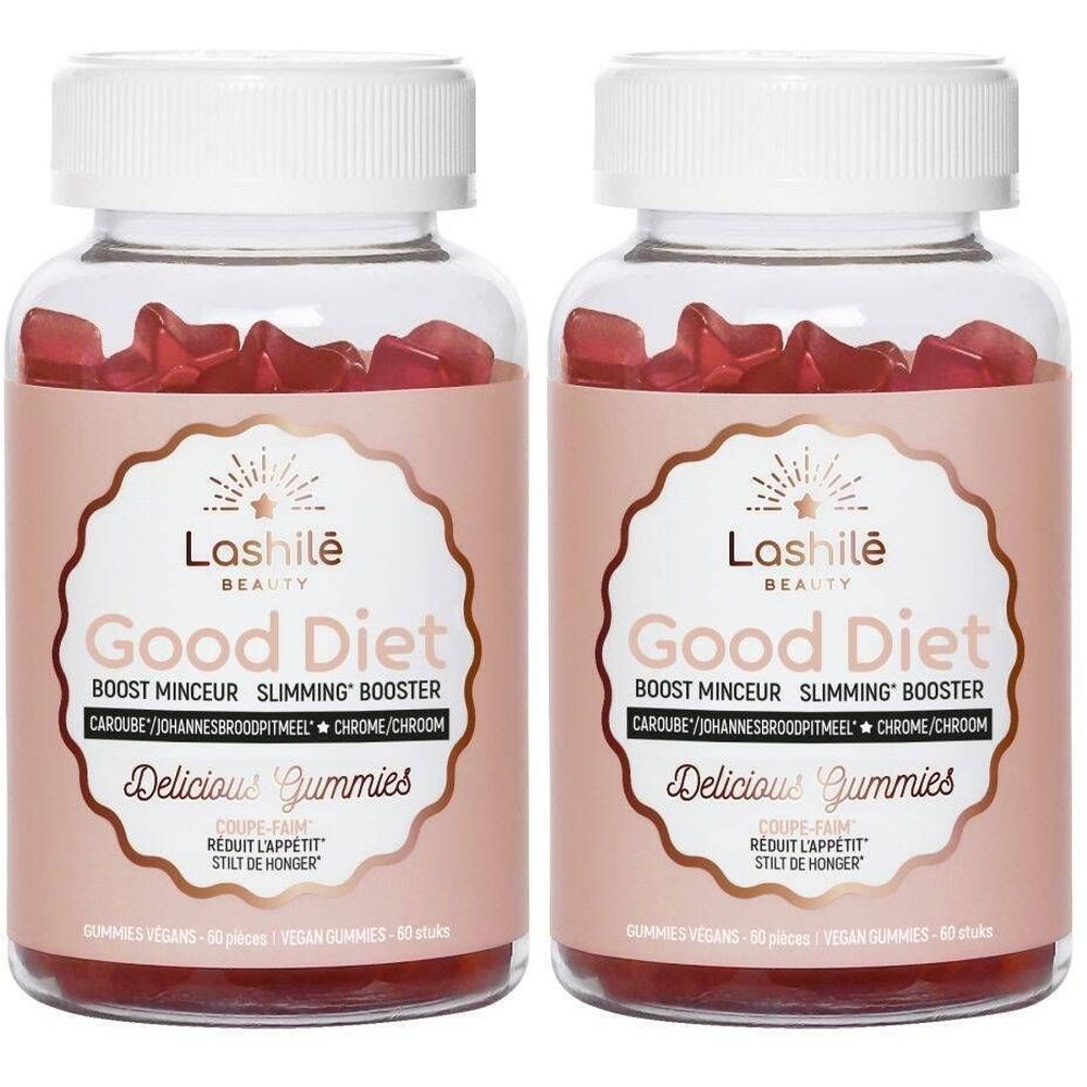Deux flacons en verre avec des gummies rouges. Inscription: LASHILE Beauty, Good Diet, Delicious Gummies. Étiquette rose. Autocollant jaune: 1+1.