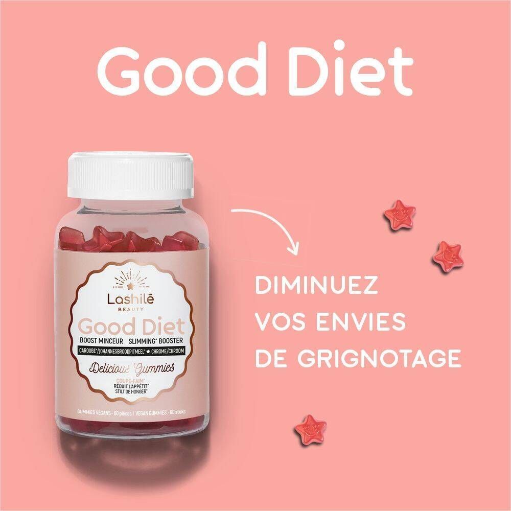 Deux flacons de gummies. Inscription: Good Diet, Delicious Gummies. Bouchons blancs, étiquettes roses.