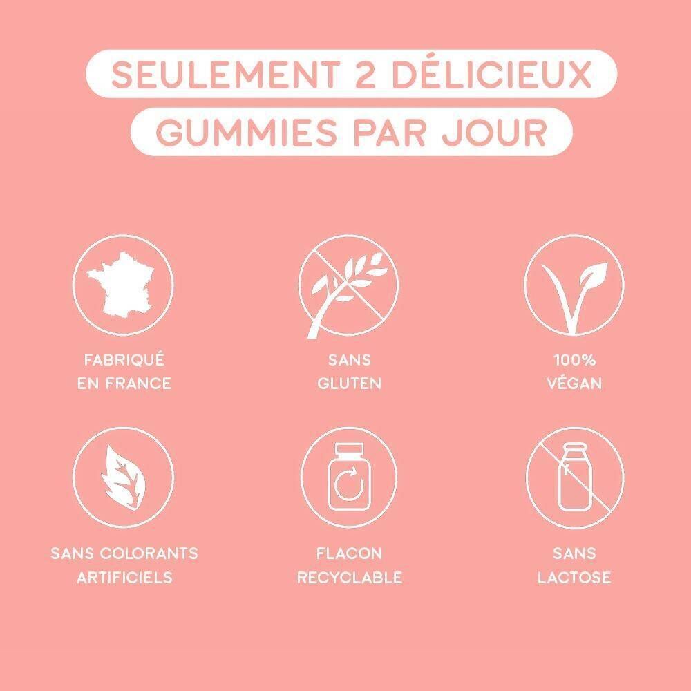 Une bouteille de gummies. Inscription: Good Diet. Fond rose. Gummies en forme d'étoiles.