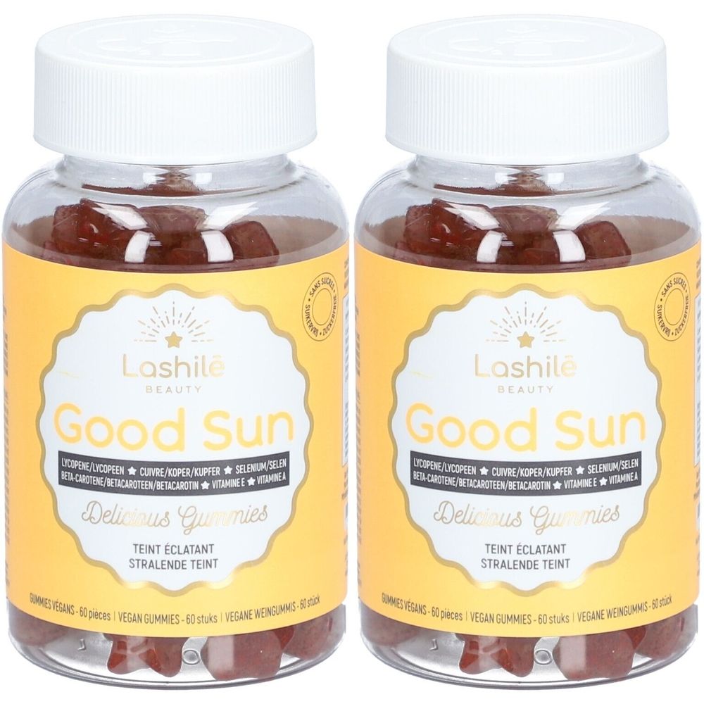 Zwei Flaschen mit Gummibärchen. Aufschrift: LASHILE Beauty Good Sun. Gelbes Etikett mit Produktinformationen.