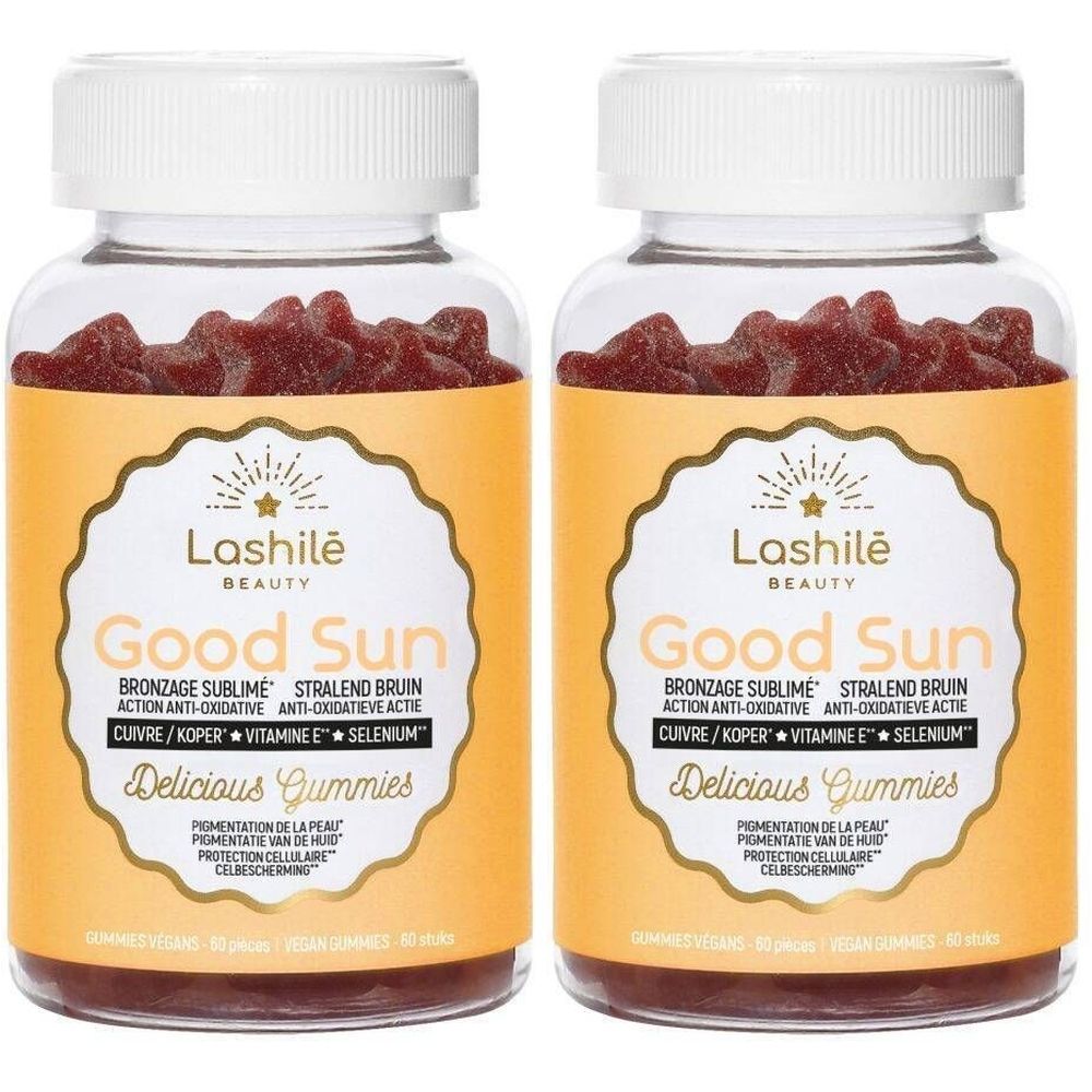 Deux flacons de gummies. Inscription: LASHILE Beauty Good Sun. Étiquette jaune. Offre 1+1.