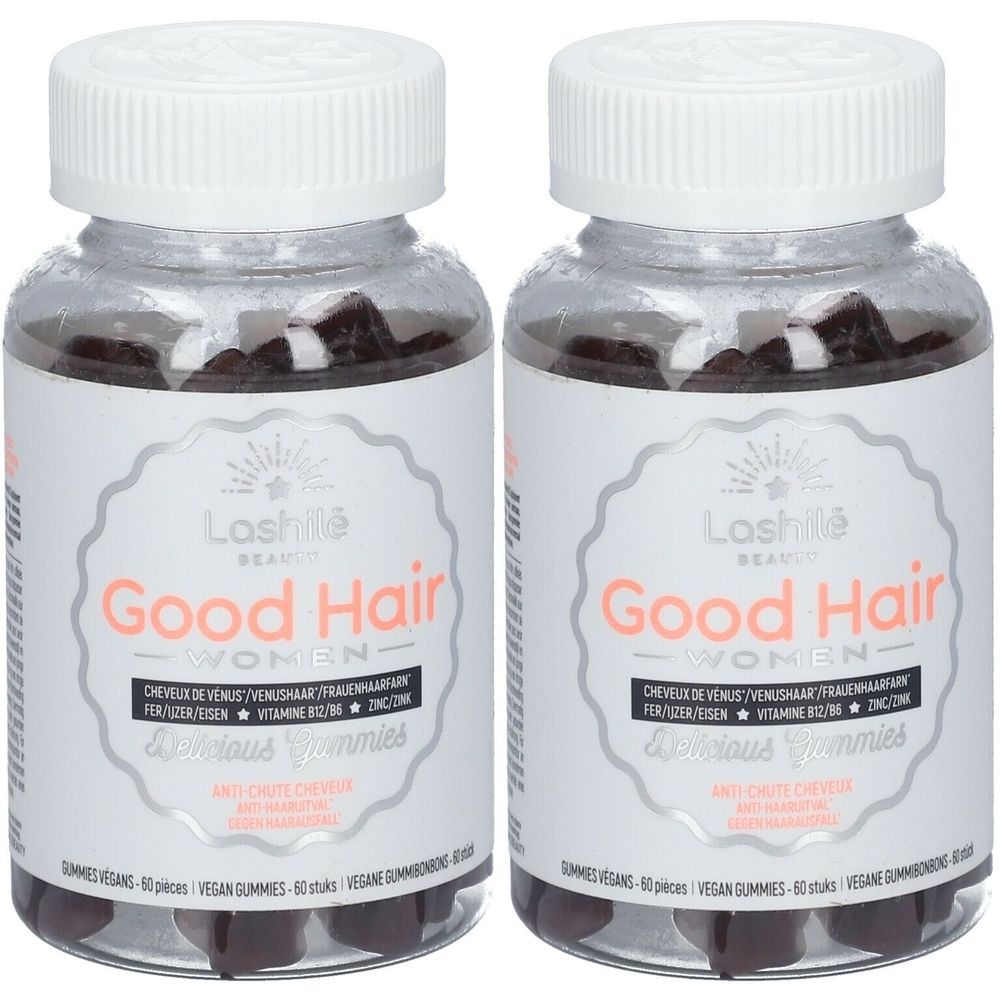 Zwei Flaschen mit Gummibärchen. Aufschrift: Lashilé Beauty Good Hair Women. Vegan, gegen Haarausfall.