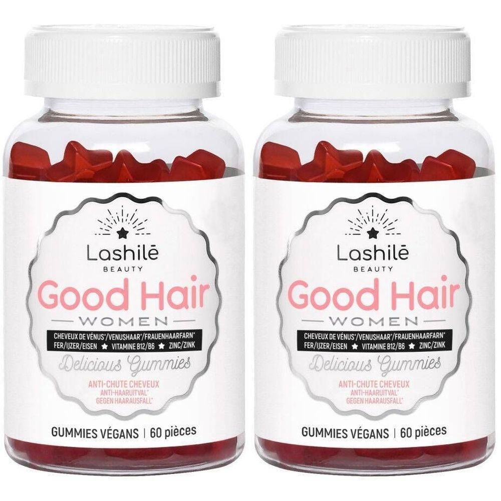 Deux flacons de gummies. Inscription: Lashilé Beauty Good Hair Women. Offre 1+1. Végétalien, contre la chute des cheveux.