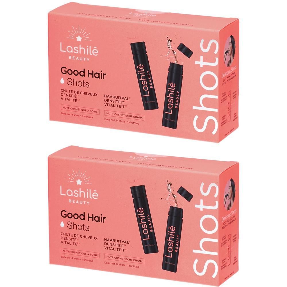 Zwei rosa Kartons mit Lashilé Beauty Good Hair Shots. Aufschrift: Chute de cheveux, densité, vitalité. Schwarze Shots.